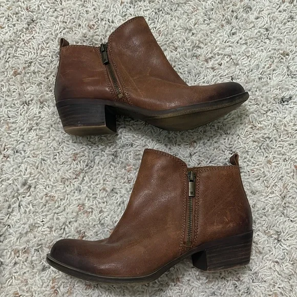 Lucky Brand Basel Bootie Size 7 Toffee Brown 1.5” Heel Leather Double Zipper - Picture 7 of 11